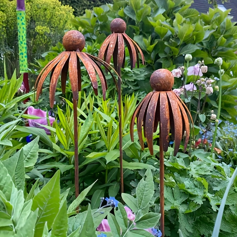 Rustic Iron Coneflower Garden Stake with 78 cm Stem, 13 cm Bloom and Ground Insert for Pots and Borders