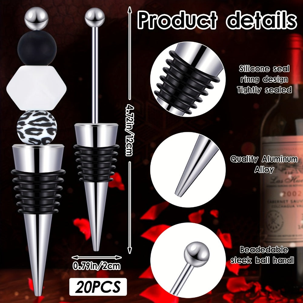 Twenty-Piece Beadable Wine Bottle Stopper Set with Silver-Tone Stems and Clear Two-Tier Display Rack