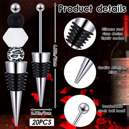 Twenty-Piece Beadable Wine Bottle Stopper Set with Silver-Tone Stems and Clear Two-Tier Display Rack