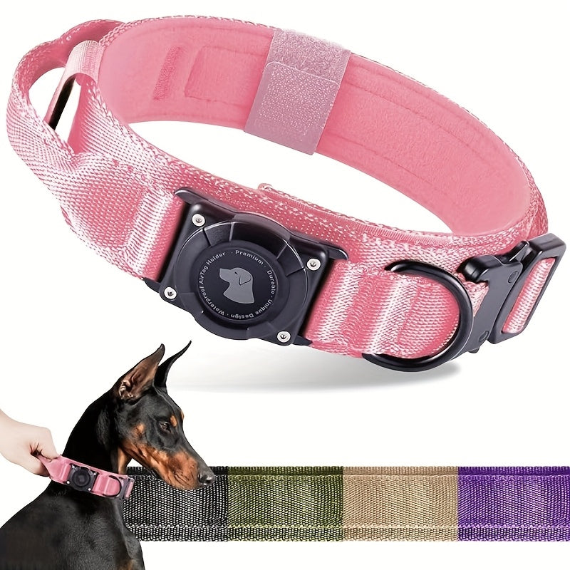 Tactical Dog Collar with Handle and Round Tracker Holder Case in Nine Colors and Sizes M to XL