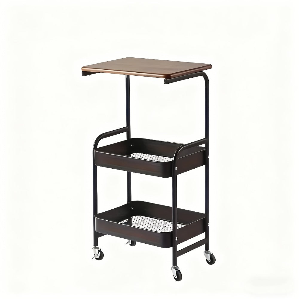 Three-Tier Rolling Storage Cart with Wooden Tabletop, Reinforced Black Frame and Locking Casters