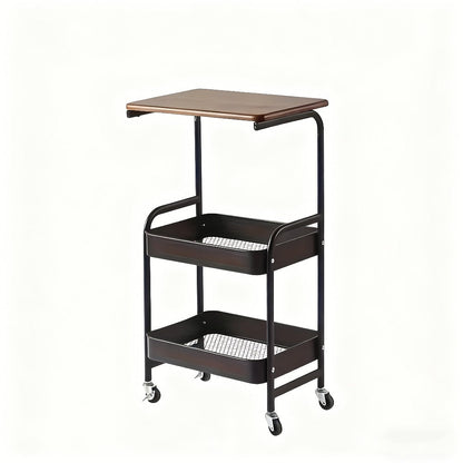 Three-Tier Rolling Storage Cart with Wooden Tabletop, Reinforced Black Frame and Locking Casters