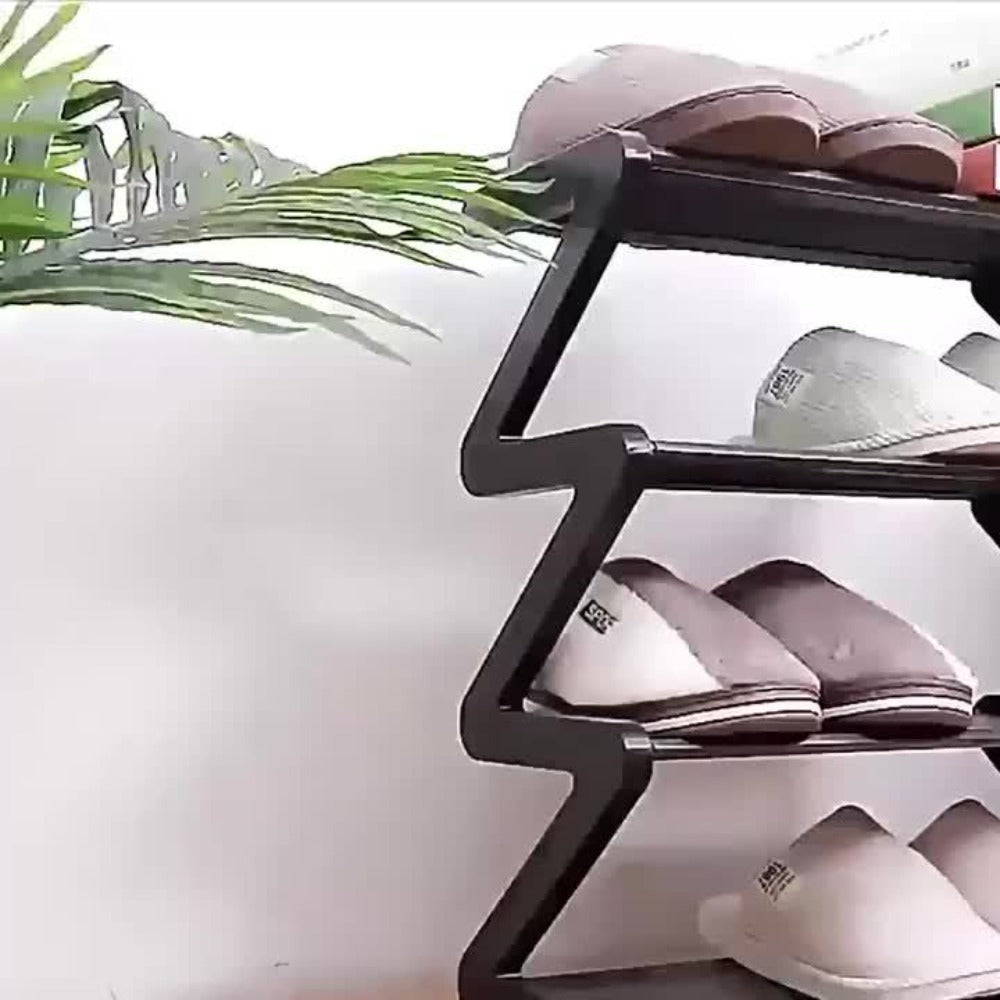Four-Tier Z-Frame Shoe Rack with Metal Tubes in Graphite Black, Dawn Pink, Gray or Breeze Blue