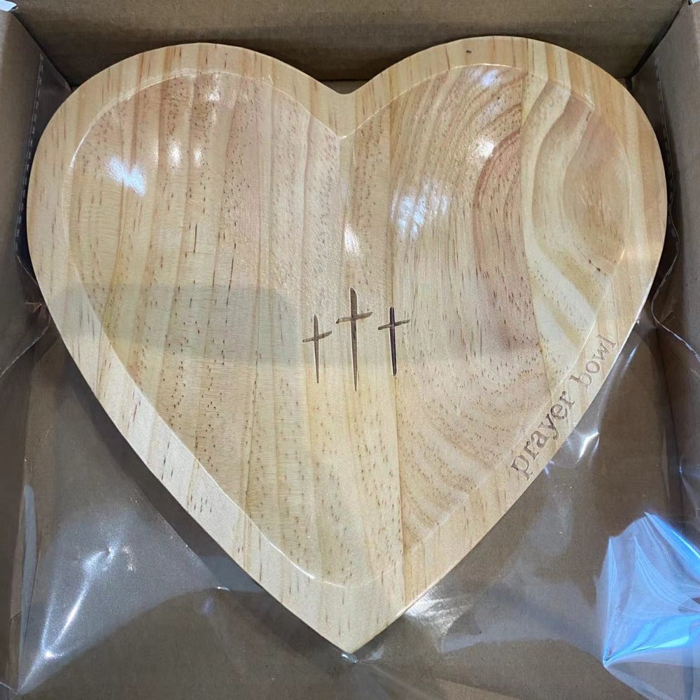 Heart-Shaped Wooden Prayer Bowl Set with Cross Engraving and Twenty-Four Printed Prayer Cards