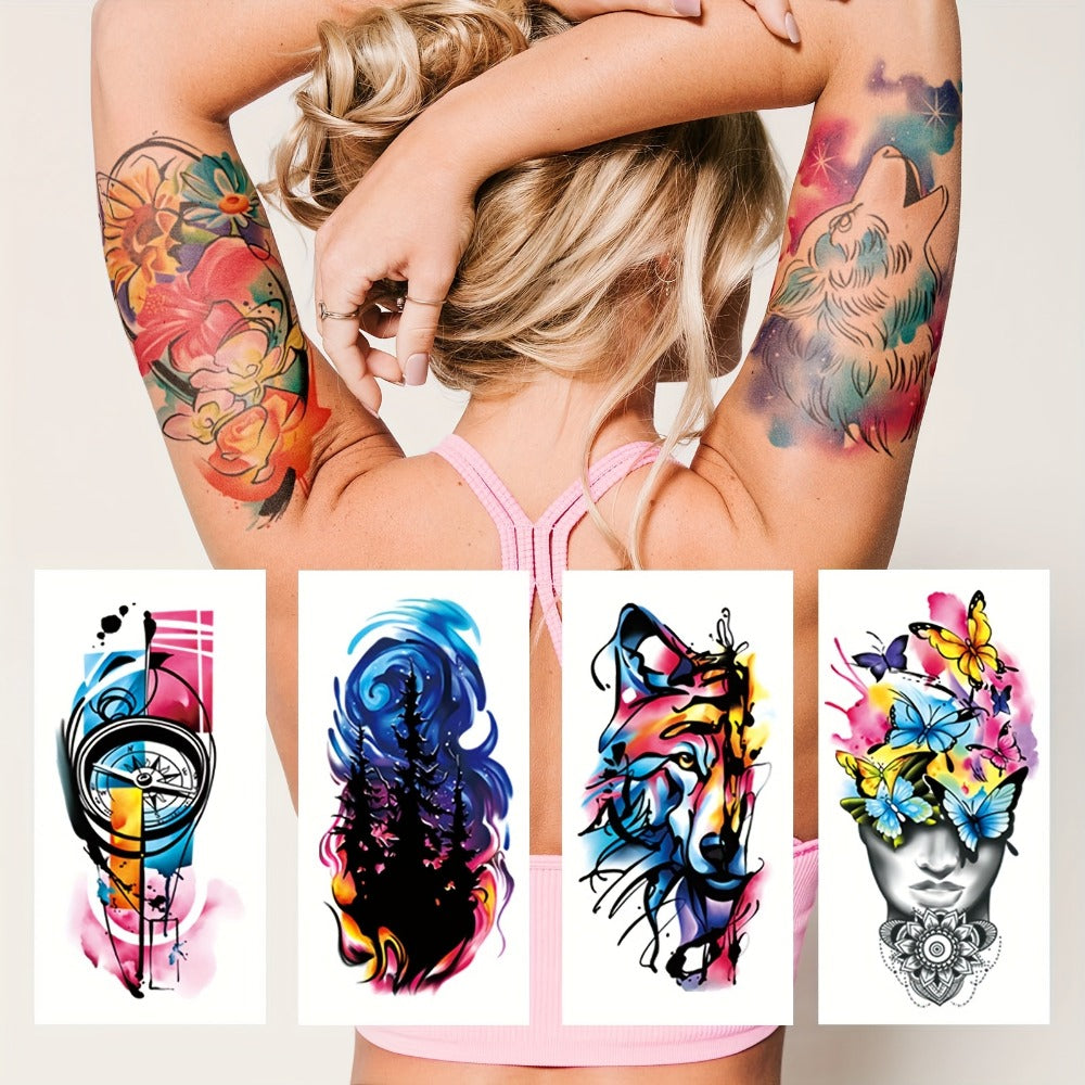 Temporary Tattoos, 46-Sheet Colorful Floral, Geometric, Portrait and Ink-Painting Style Body Art Set