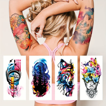 Temporary Tattoos, 46-Sheet Colorful Floral, Geometric, Portrait and Ink-Painting Style Body Art Set