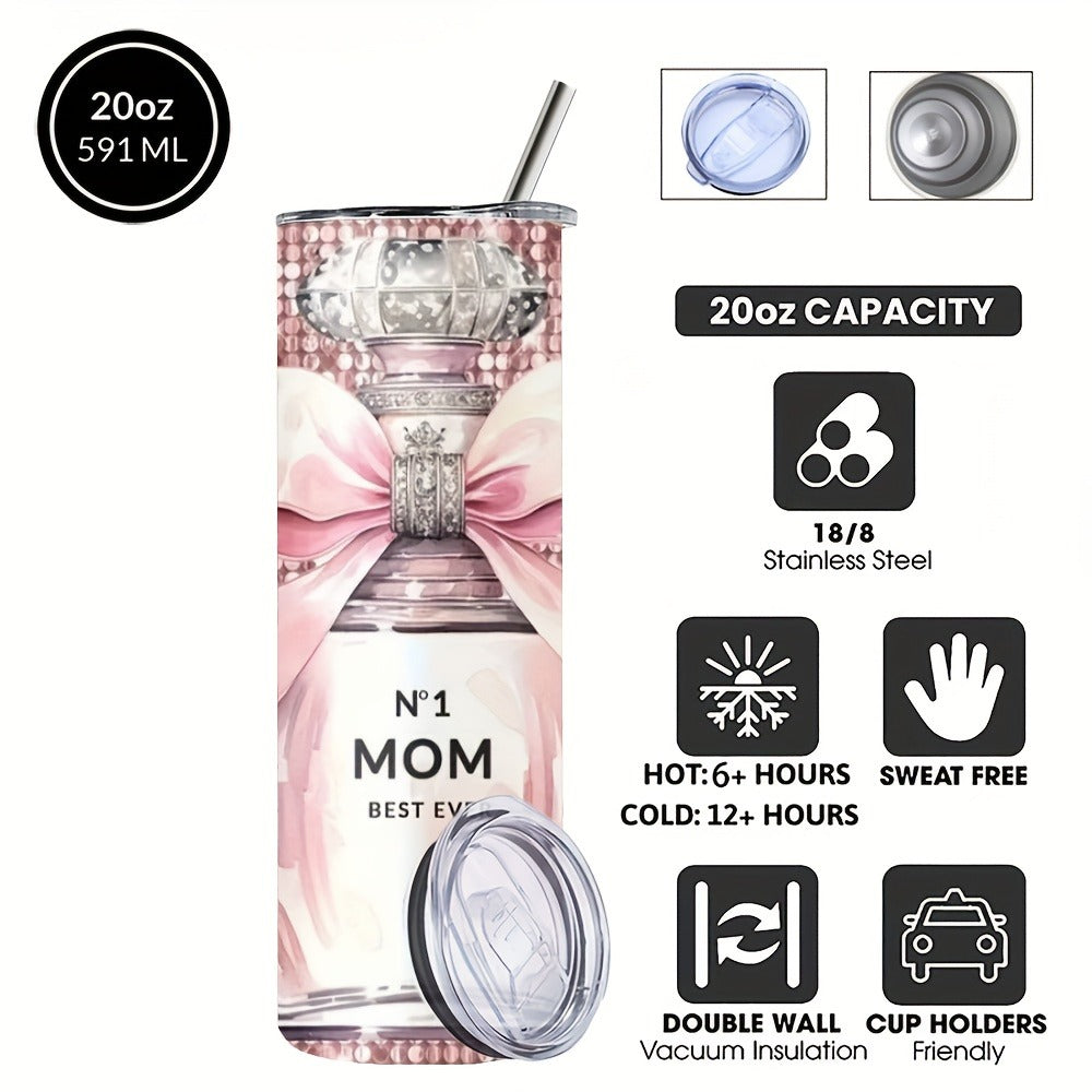 Insulated Tumbler 20oz Mom's Best Ever Graphic in Pink 304 Stainless Steel with Lid and Straw