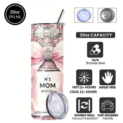 Insulated Tumbler 20oz Mom's Best Ever Graphic in Pink 304 Stainless Steel with Lid and Straw