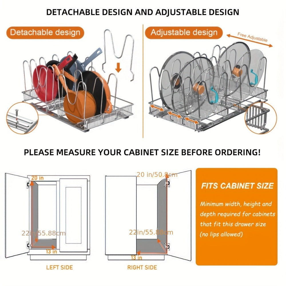 Cabinet Pot & Pan Organizer Rack with 10 Adjustable Dividers, 11"W x 17.5"D x 8.3"H, Chrome Steel Kitchen Storage