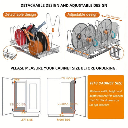 Cabinet Pot & Pan Organizer Rack with 10 Adjustable Dividers, 11"W x 17.5"D x 8.3"H, Chrome Steel Kitchen Storage