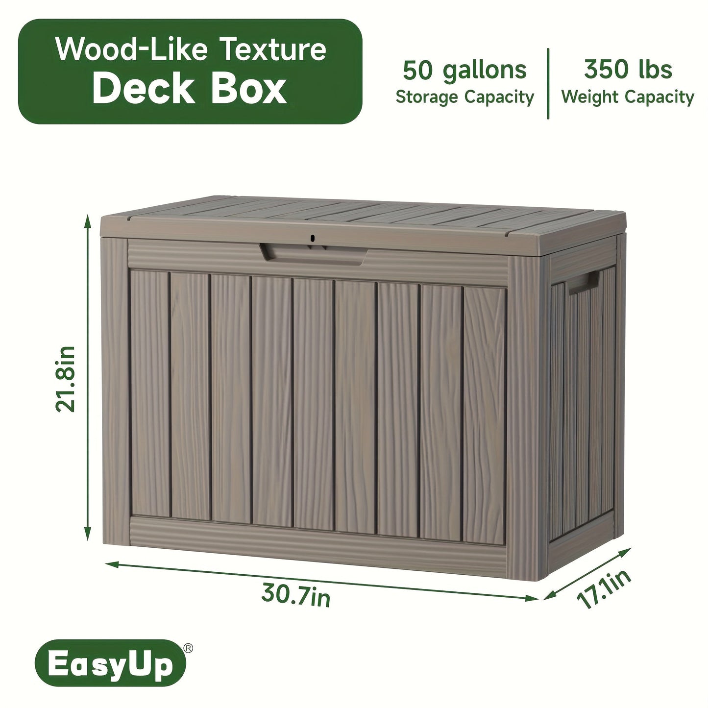 Wood-Grain Resin Deck Storage Box with Lockable Lid in Black or Light Brown Finish Options