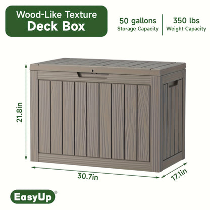Wood-Grain Resin Deck Storage Box with Lockable Lid in Black or Light Brown Finish Options