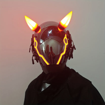 Pink LED Cyberpunk Costume Mask with Horned Full-Face Helmet, Reflective Visor and Lighted Accent Lines