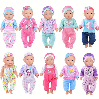 10-Outfit Doll Clothes Set for 14–16-Inch Newborn-Style Dolls with One-Pieces, Tops, Pants and Headwear