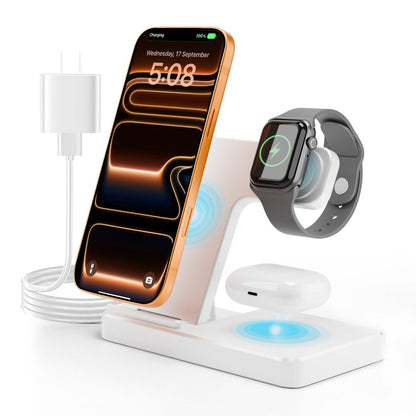Foldable 3-in-1 Wireless Charging Station with LED Indicator & Anti-Slip Fast Charge for iPhone 17 16 15 14 13 12 11 Pro Max XR XS, Apple Watch Ultra Series 11 10 9 8 7 6 5 SE, AirPods 4 3 2 Pro & Samsung Galaxy – Black White, With/Without Adapter