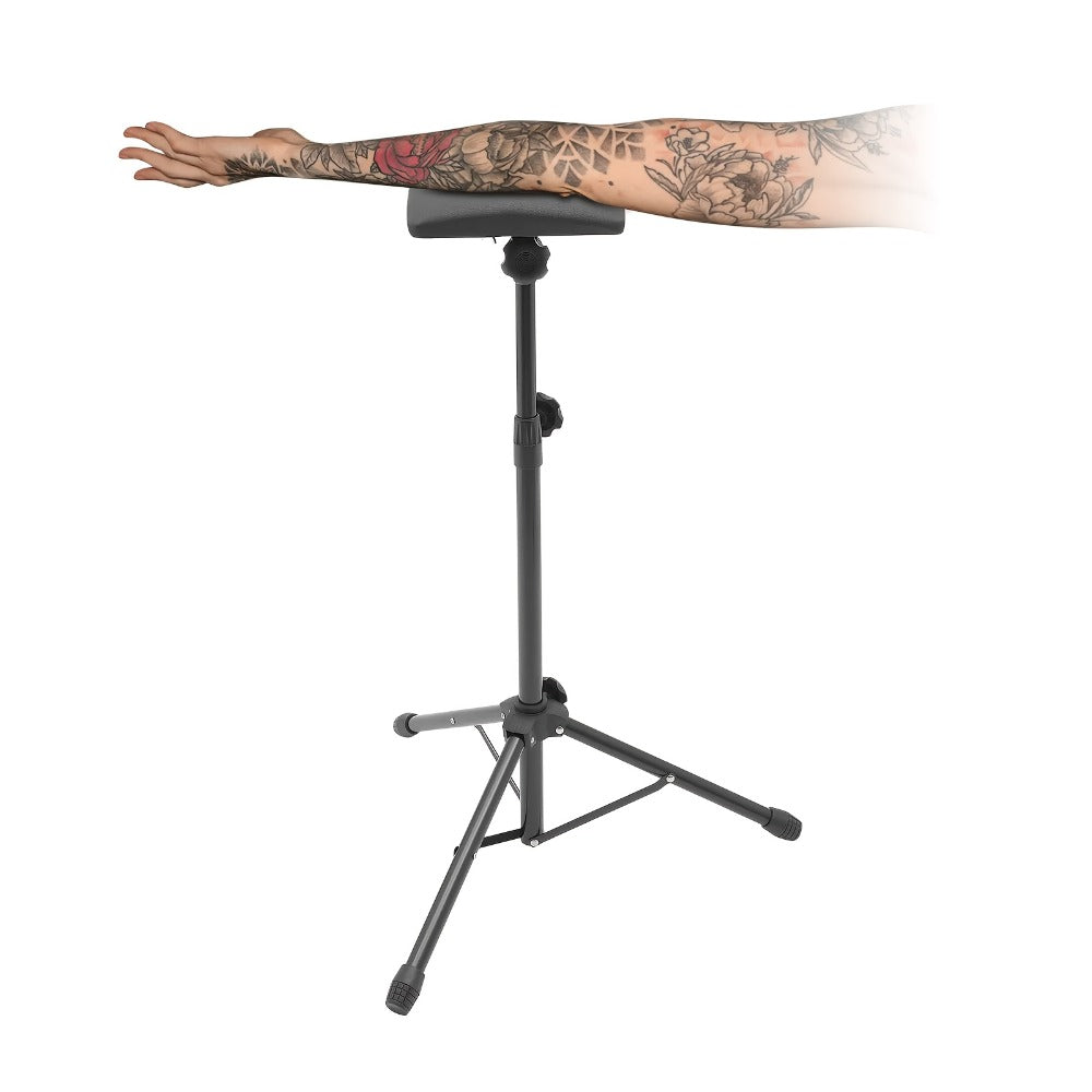 Adjustable Tripod Tattoo Armrest Stand with Pictured Padded Top, Fifteen Pads and Ten Black Gloves