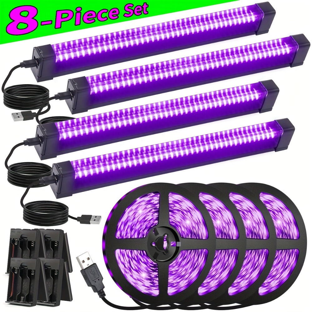 UV Black Light Bars & Strips 8-Piece Set – 385-400nm USB Powered 5V LED Blacklight for Glow Party, Halloween, Neon Party, Body Paint & Fluorescent Art (4x32cm + 4x250cm)