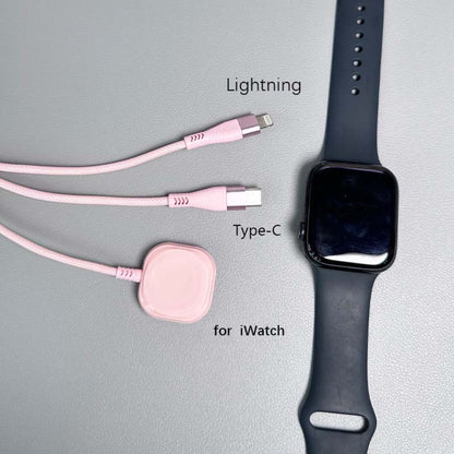 Nylon Braided 3-in-1 Magnetic Charging Cable 1.2M – iWatch Wireless Charger + Lightning Fast Charge + USB-C for iPhone 8–16 Android Samsung – Apple Watch Series 1–10 SE Ultra Nike+ Pink
