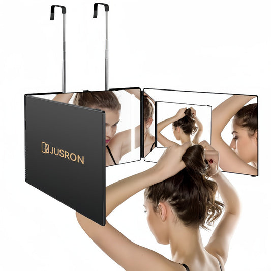 Hair Cutting Mirror 3-Way 360 View Self Haircut Mirror LED Light Anti-Fog HD Glass Triple Fold Height Adjustable Door Wall Table Mount DIY Barber Mirror for Women Men Home Use