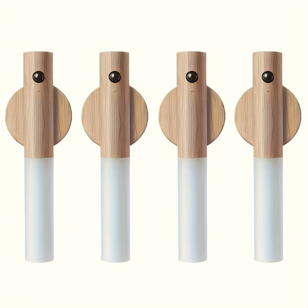 Motion Night Light Rechargeable LED – IPX4 Waterproof Wood Grain & Walnut Under Cabinet Step Lamp for Staircase, Hallway, Wardrobe, Closet & Indoor Walls (2 or 4 Pack)