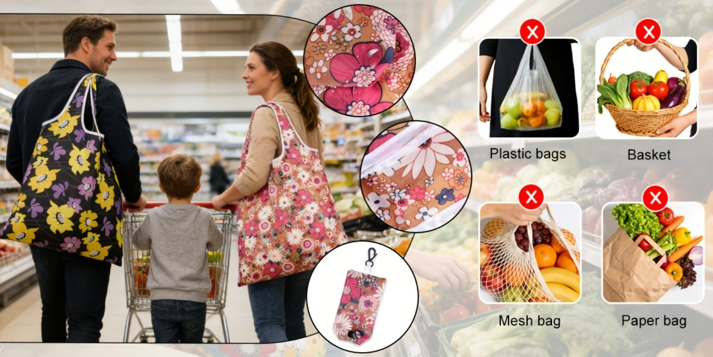 Foldable Reusable Shopping Bag Set with Assorted Printed Designs in 18- or 36-Piece Pack Options