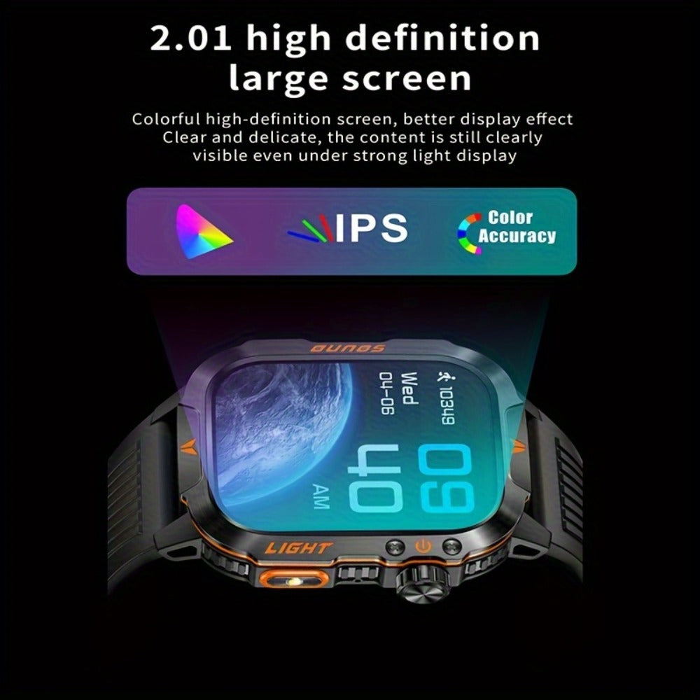 2.01" HD Compass Smartwatch for Men Women – Wireless Calling Outdoor Adventure Watch with LED Flashlight Fitness Tracker Pedometer Calorie Counter Long Battery Life Compatible with Android iPhone Couples Gift