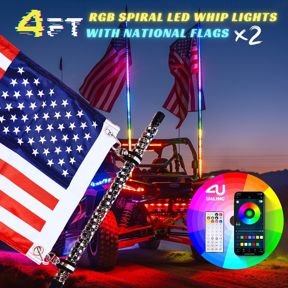RGB LED Whip Lights for UTV ATV – 1ft/2ft/3ft/4ft Spiral Color Changing Neon Light Whips with Remote & App Control, Music Sync, for RZR SXS Dune Buggy Off-Road Truck (2pcs, No Spring Base)