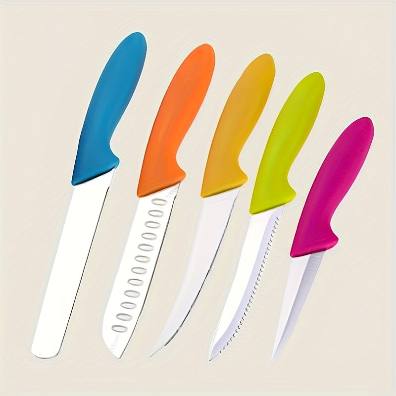 Five-Piece Colorful Paring Knife Set with Steel Blades and Pink, Green, Yellow, Orange and Blue PP Handles