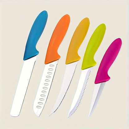 Five-Piece Colorful Paring Knife Set with Steel Blades and Pink, Green, Yellow, Orange and Blue PP Handles