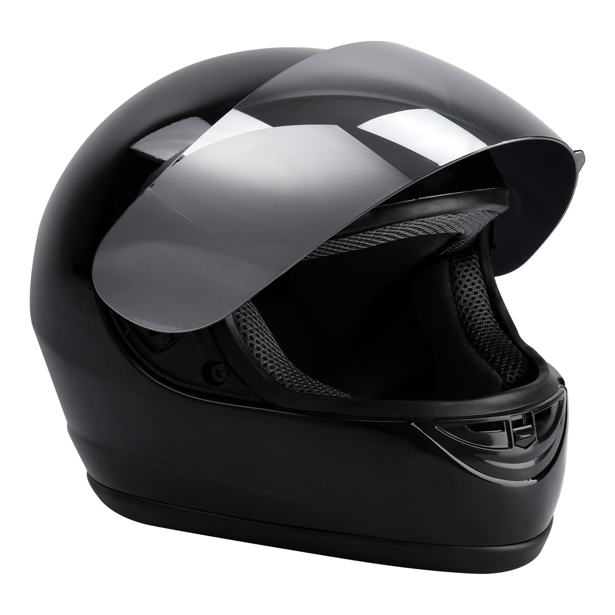 Motorcycle Helmet TCMT Gloss Black Full-Face Shell with Clear Shield, Large Variant, Padded Interior and Rear Vents