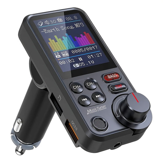 Bluetooth FM Transmitter for Car - BT 5.3 Wireless Car Adapter with 1.8" Color Screen, QC3.0 Fast Charging, Hands-Free Calling, Strong Mic, Bass & Treble Music Player, Touchscreen Control