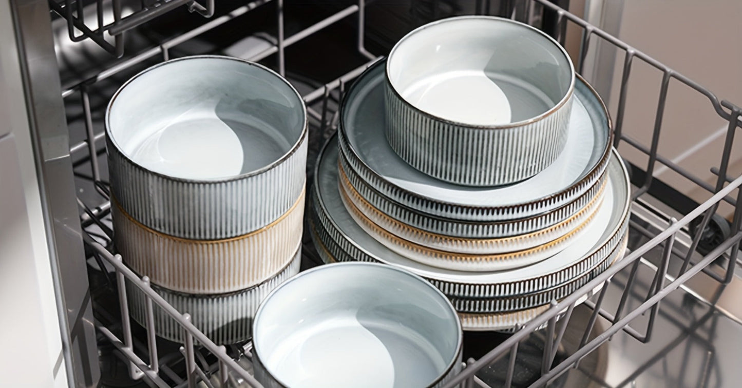 12-Piece Ribbed Dinnerware Set for Four with Dinner Plates, Salad Plates and Cereal Bowls in Two Cream Tones