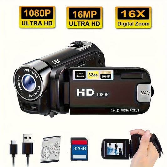 Portable 1080P Digital Camcorder with Rotating Screen & 32G Memory Card | Rechargeable Battery, Selfie Support, Compact Travel Video Camera for Vlogging, Family Gatherings & Everyday Recording