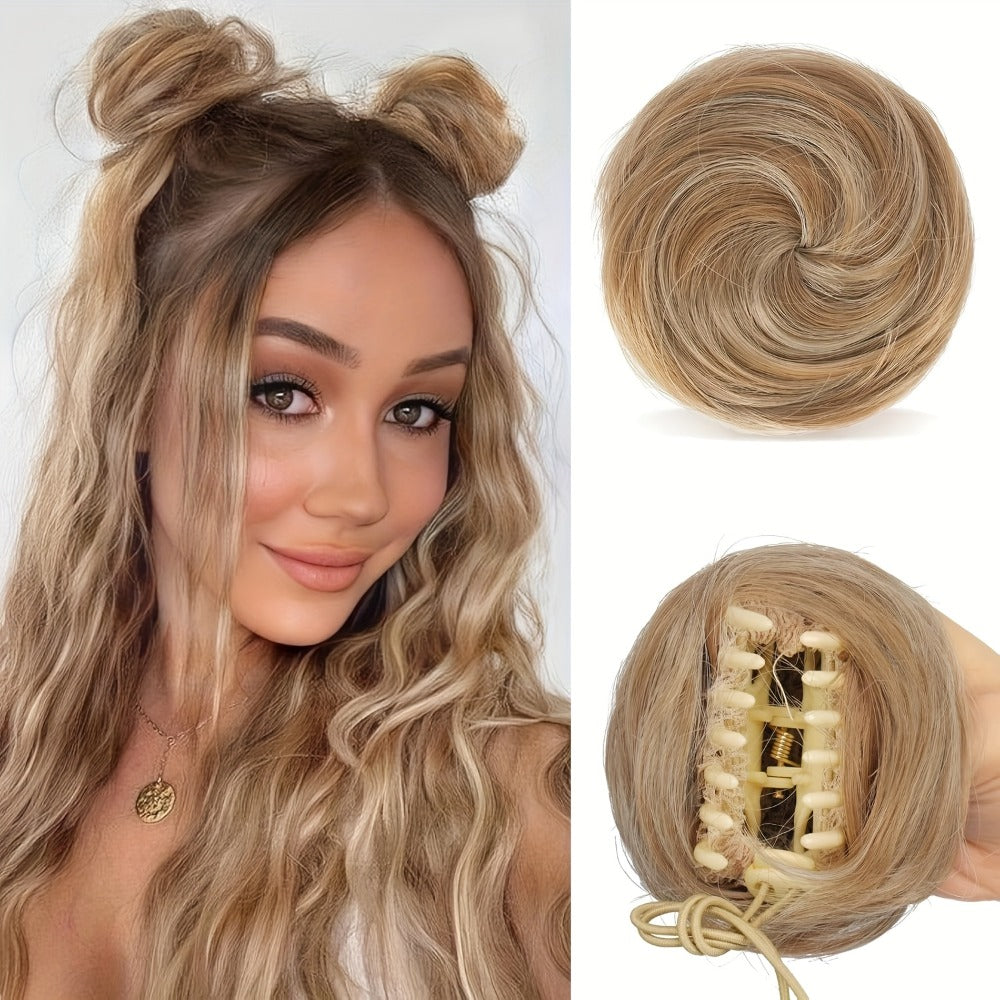 Mini Donut Bun Hairpiece with Cat Ears Claw Clip Messy Bun Synthetic Fiber Instant Updo – 2 Pcs Set for Women Girls All Hair Types Natural Black Brown Blonde 4 Inch