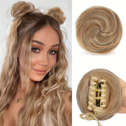 Mini Donut Bun Hairpiece with Cat Ears Claw Clip Messy Bun Synthetic Fiber Instant Updo – 2 Pcs Set for Women Girls All Hair Types Natural Black Brown Blonde 4 Inch