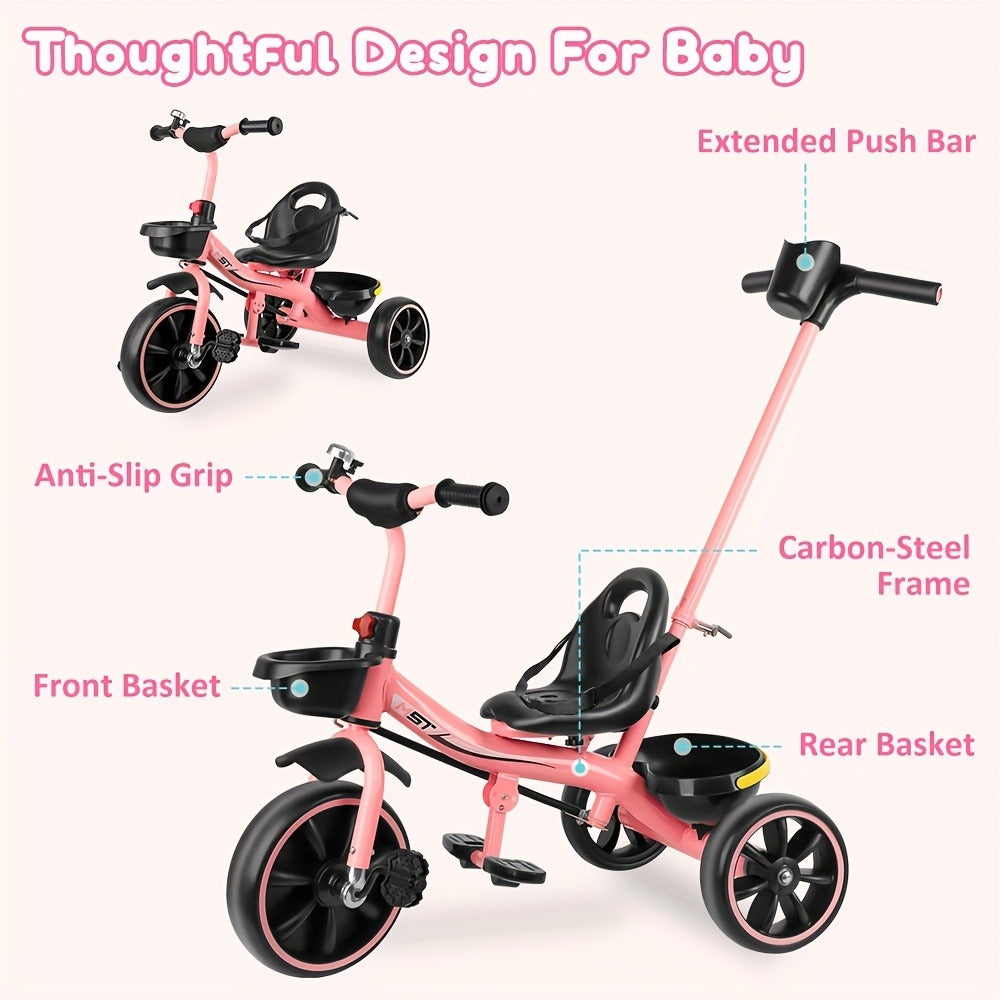 Push Handle Tricycle for Toddlers Girls Pink – 3 Wheel Trike Ages 18-60 Months with Padded Backrest, Safety Belt, Adjustable Seat | Best Birthday Gift for Kids 1 2 3 4 5 Year Old