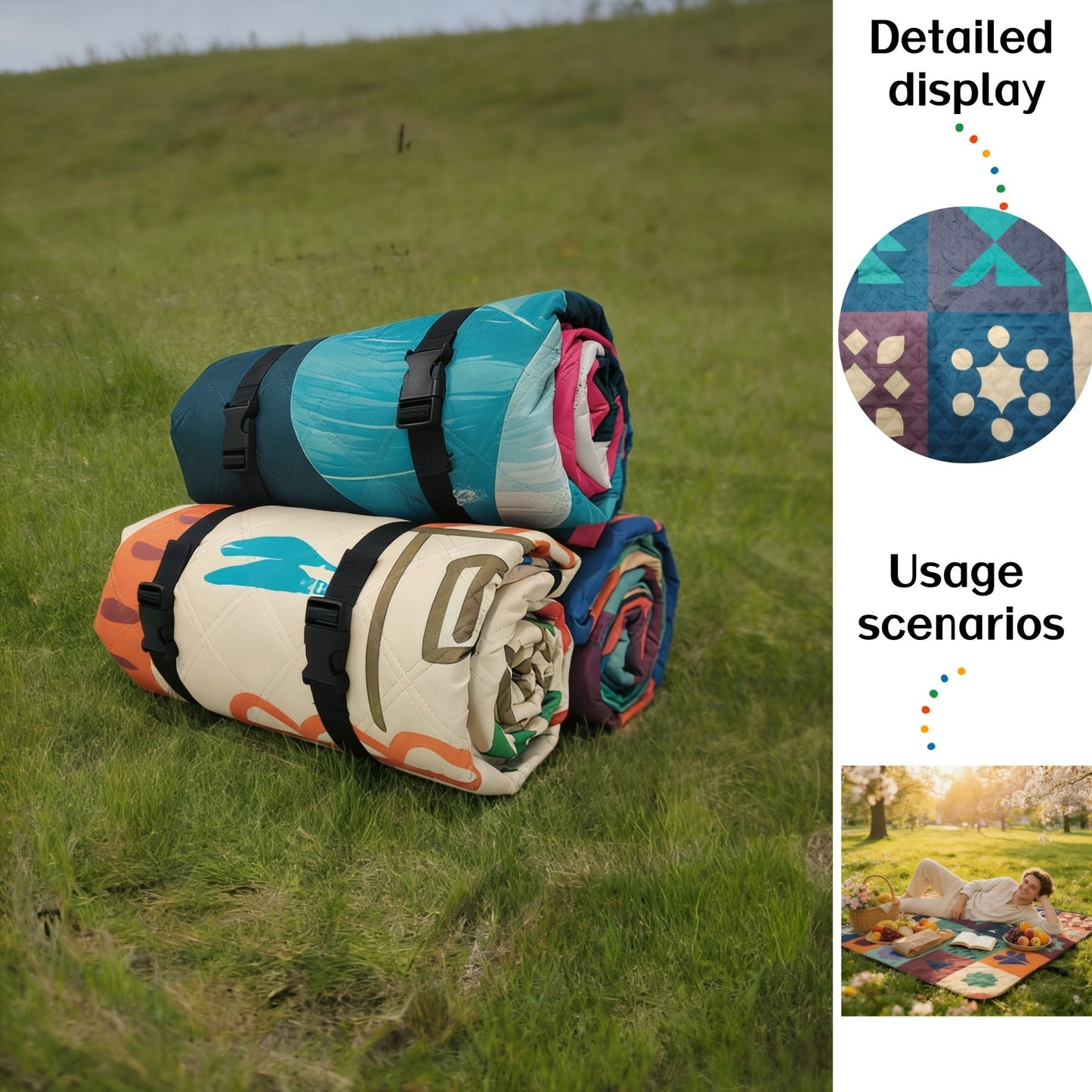 Large Padded Picnic Blanket with Carry Straps in Geometric, Palm-Village or Tropical Leaf Prints