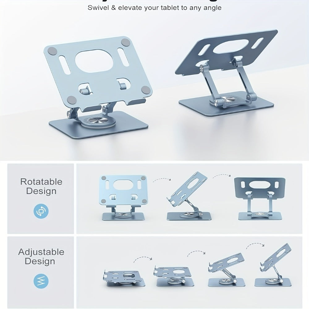 360 Rotating Tablet Stand for iPad, Foldable Adjustable Iron Flat Stand for Desk Home Office, Compatible with iPad Pro Air Mini and Most Tablets, Silver and Black