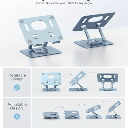 360 Rotating Tablet Stand for iPad, Foldable Adjustable Iron Flat Stand for Desk Home Office, Compatible with iPad Pro Air Mini and Most Tablets, Silver and Black