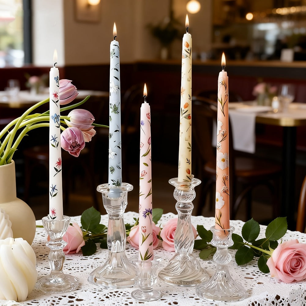 Patterned Taper Candle Set with 9.84-Inch Height in Green, Purple, Blue or Pink and Two- or Four-Piece Options