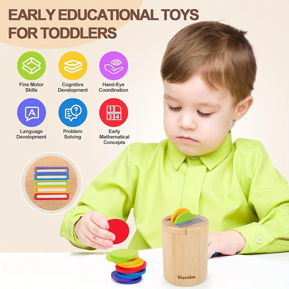 Wooden Color Sorting Coin Box Toy for Toddlers 1+, Montessori Educational Sensory Learning Toy with 10 Colorful Blocks & Storage Bag