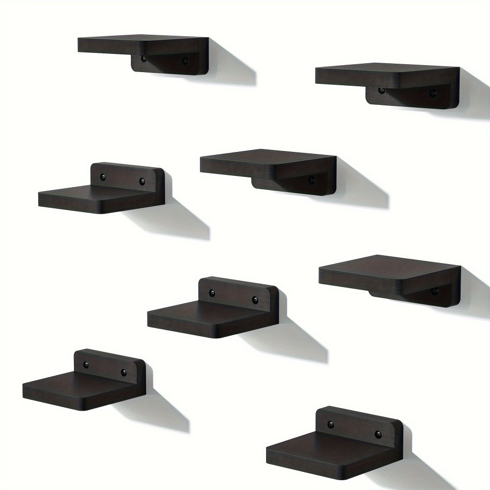 Eight-Piece 4-Inch Wall Shelf Set with Compact Square Ledges, Pure Black Finish and Mounting Hardware