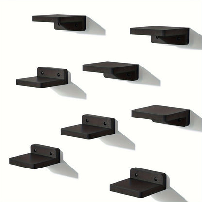 Eight-Piece 4-Inch Wall Shelf Set with Compact Square Ledges, Pure Black Finish and Mounting Hardware
