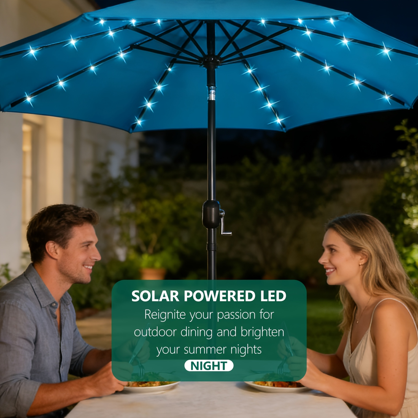 Patio Umbrella 9FT Solar LED Center-Pole Style in Sky Blue, Deep Blue or Khaki for Outdoor Shade