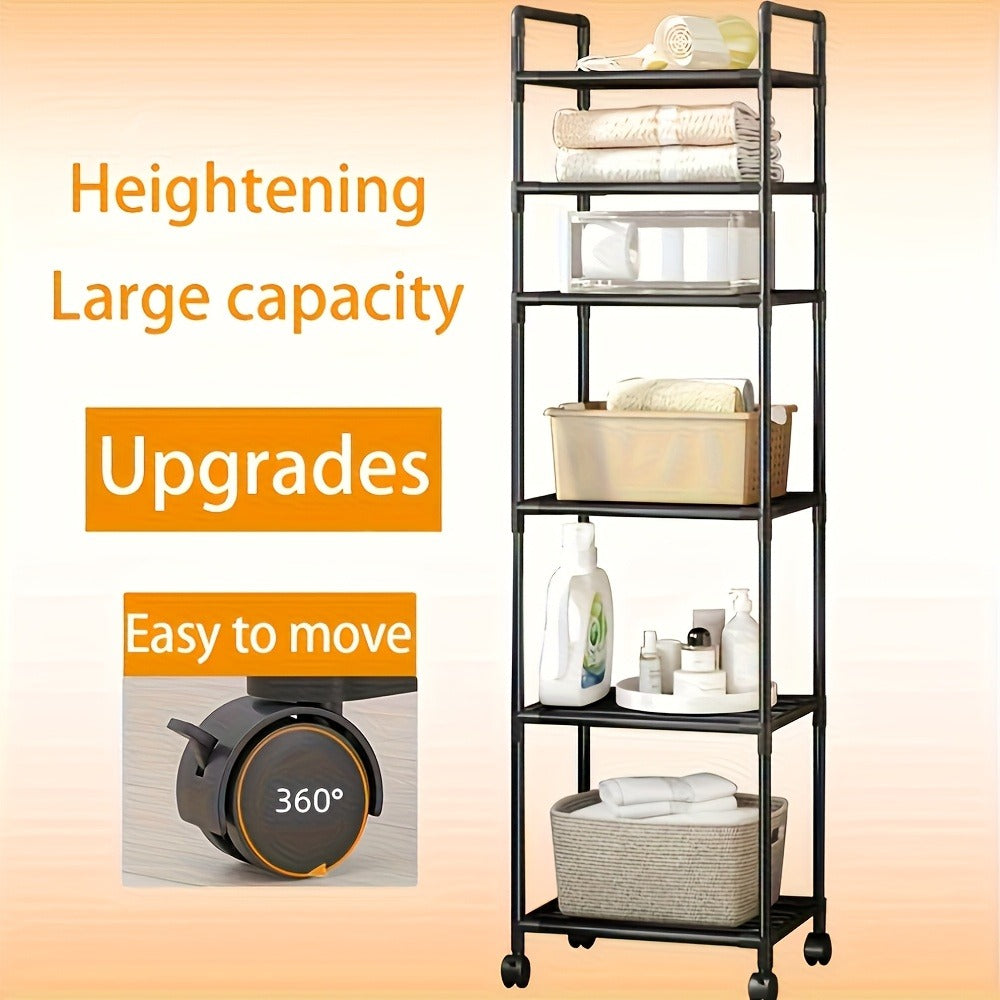 Six-Tier Narrow Metal Storage Shelf with Leveling Feet in Black or White for Kitchens and Pantries
