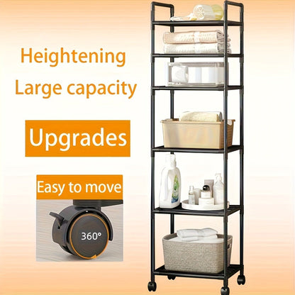 Six-Tier Narrow Metal Storage Shelf with Leveling Feet in Black or White for Kitchens and Pantries