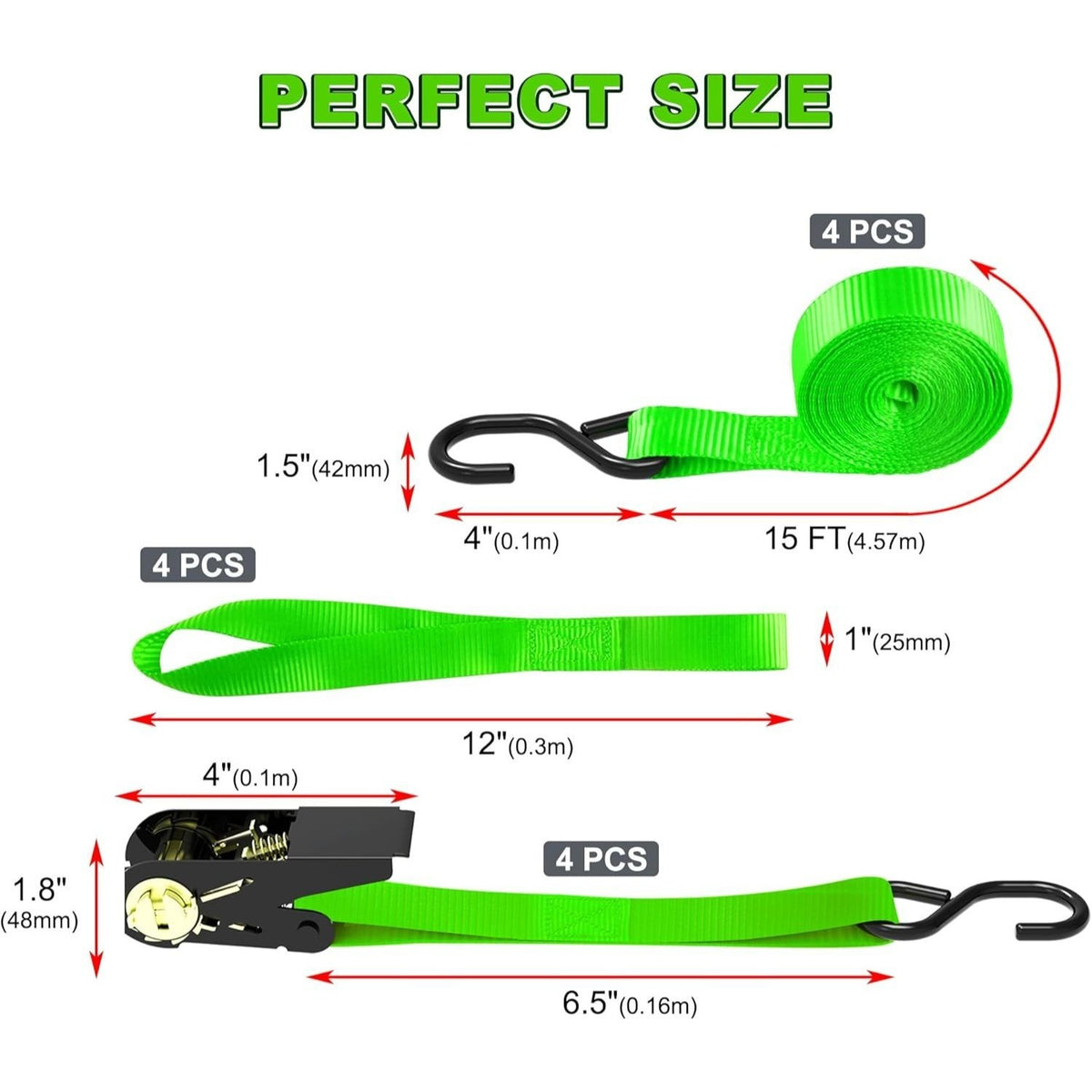 Ratchet Tie Down Straps 4-Pack 15FT 1,500 lb Break Strength Heavy Duty with Soft Loops & Storage Bag – High-Visibility Webbing for Motorcycle ATV Kayak Truck Bed Trailer Roof Rack