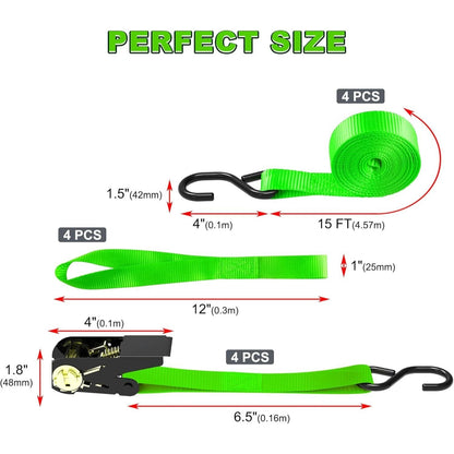 Ratchet Tie Down Straps 4-Pack 15FT 1,500 lb Break Strength Heavy Duty with Soft Loops & Storage Bag – High-Visibility Webbing for Motorcycle ATV Kayak Truck Bed Trailer Roof Rack