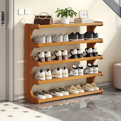 Shoe Rack Wood-Grain Freestanding Organizer with 3-Tier, 5-Tier or 6-Tier Brown Height Options