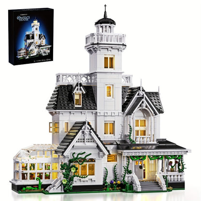 Building Block Set Owen's House with 1877 Pieces, Three-Level Tower, Porch, Conservatory and Lighting